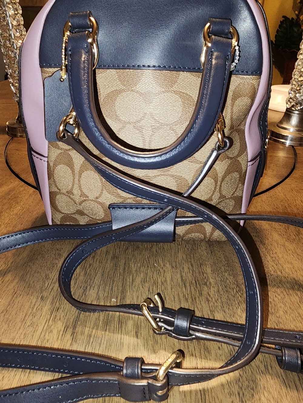 NWOT Coach Brown Signature Canvas Mini Backpack with Pink Trim & Navy Accents - Picture 2 of 8